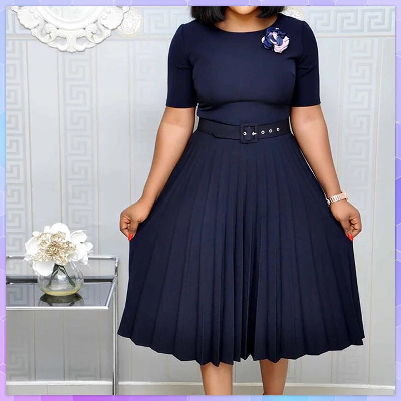 Summer Plus Size Pleated S-5Xl Dress Ladies O-Neck Short Sleeve Solid With Belt Mid-Calf Office Lady Elegant Dresses For Women