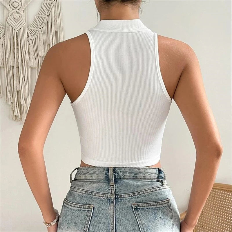 2024 New Fashion Women Vintage Button Tank Tops  Halter Tops O-Neck Elegant Crop Tops Off Shoulder Tops For Women 3k