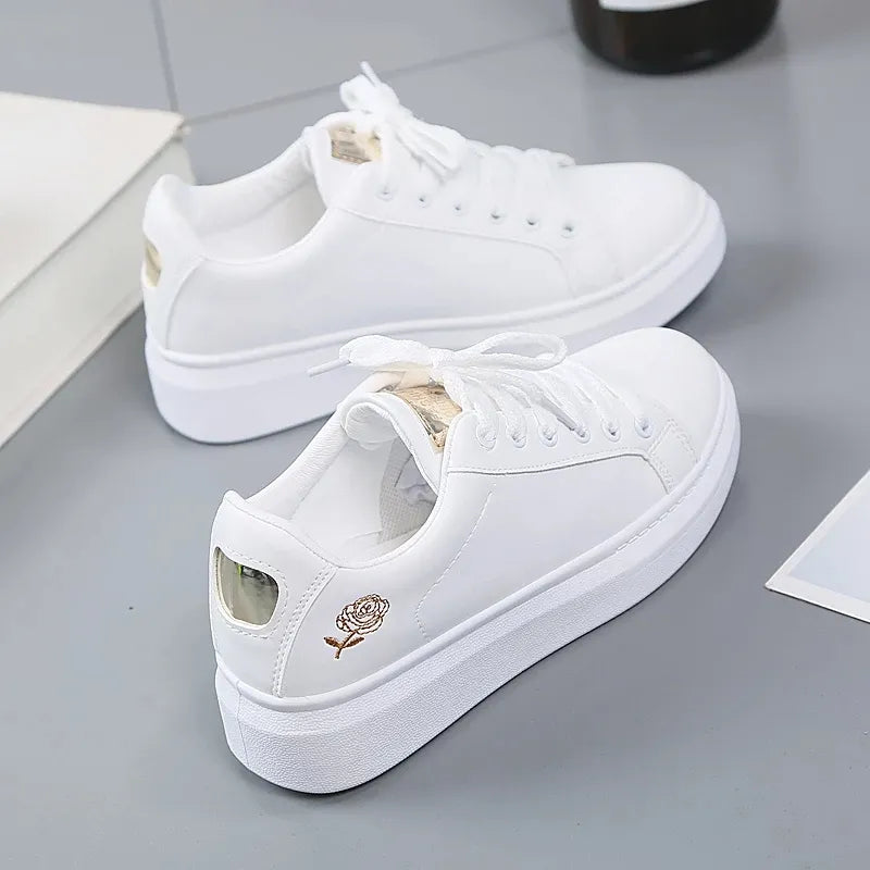 New  Leather Women's White Casual Woman Vulcanize Sneakers Breathable Sport Walking Running Platform Flats Shoes kp