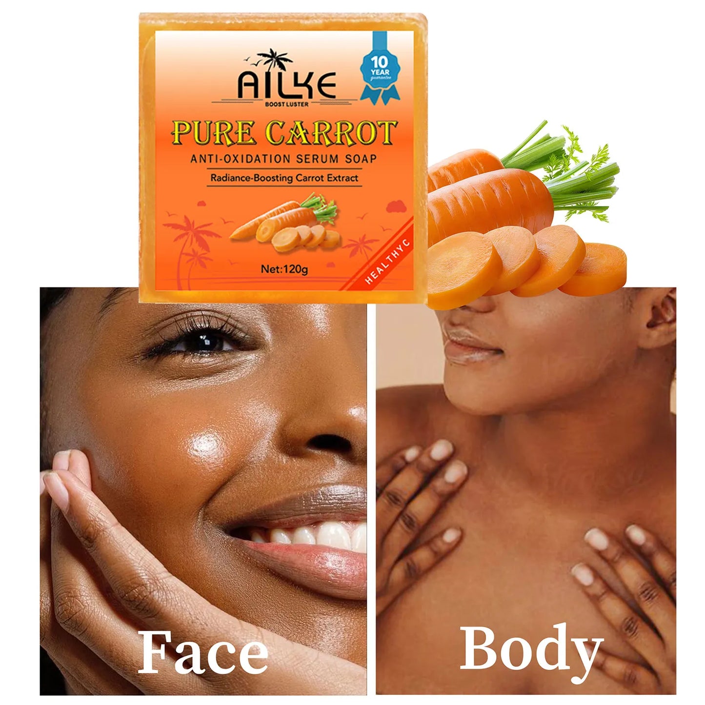 AILKE Organic Brightening Soap, with Carrot, Vitamin C&E, Cleaning, Moisturizing, Smooth and Soft Skin, for Face and Body Use