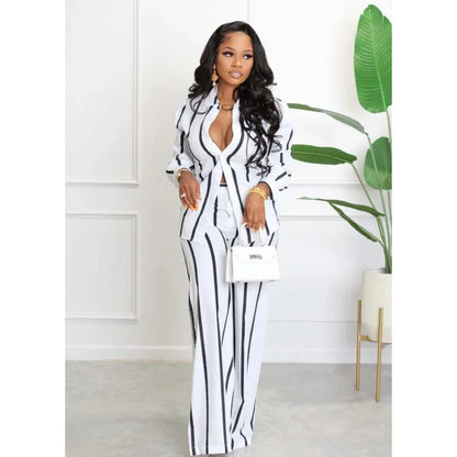 Europe Women's Long Sleeve Loose-fit Straight-leg Striped Shirt 2-piece Set Latest Fashion wowo