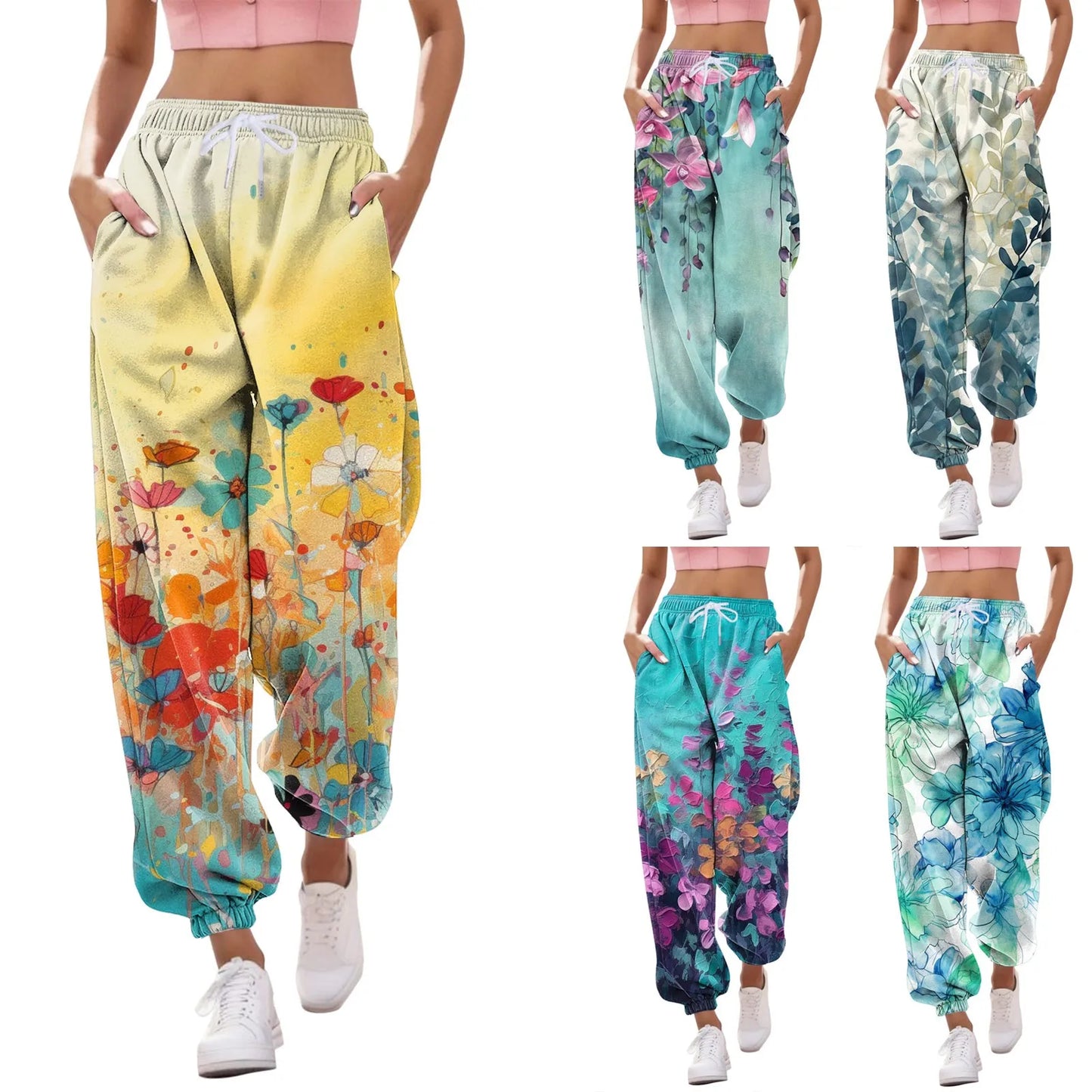 Women Fashion Print Bottom Sweatpants Pockets High Waist Sporty Gym Athletic Fit Jogger Pants Trousers Plus Size Home Pants Gs