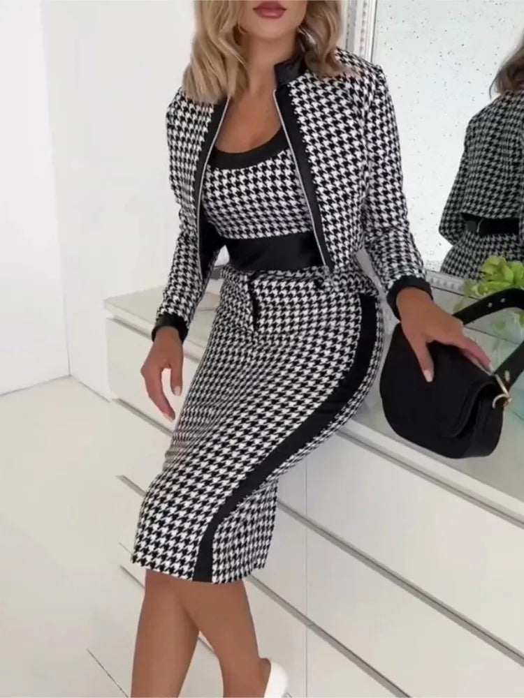 Sexy Slim Print Suit Elegant Office Lady Round Neck Vest Zippered Long Sleeve Jacket Package HipSkirt Three Piece Set 2024 New