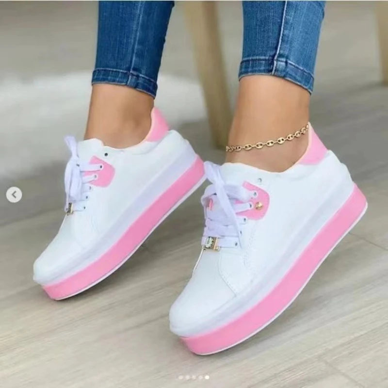 Women's Vulcanized Shoes Sports Shoes New Outdoor Platform Shoes Female Casual PU Fashion Lace-Up Sneakers Women Wedge Flats djam