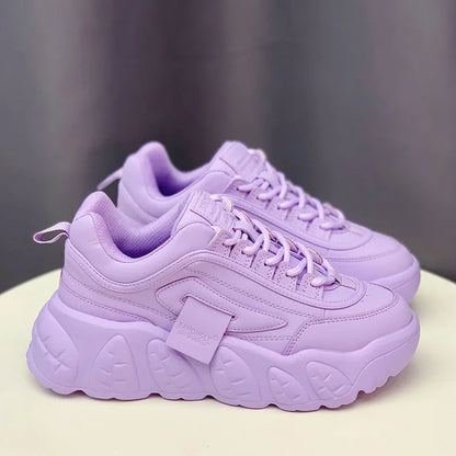 Chunky Sneakers Women Shoes Purple Platform Shoes Thick Bottom Leather Lace Up White Shoes Spring Casual Shoes 2023