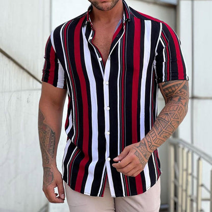 Summer New Men's Clothing Casual Men Stripes Printed Short Sleeve Turndown Collar Slim Hawaiian Shirt Cardigan Retro Trend Shirt