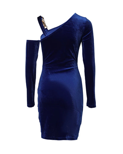 2024 Women Velvet One Shoulder Chain Decor Ruched Bodycon Dress 8&