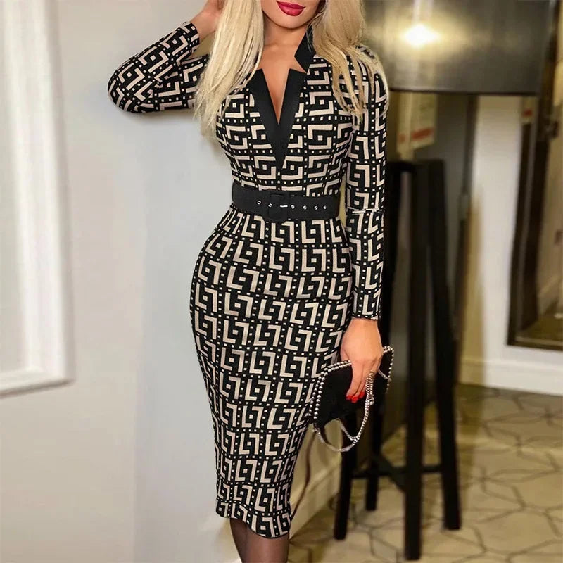 Wepbel Sheath Dress Women Sexy Slim Office Long Sleeve V-neck High Waist Dress with Belt Printed Plaid Lady Bodycon Midi Dress pour