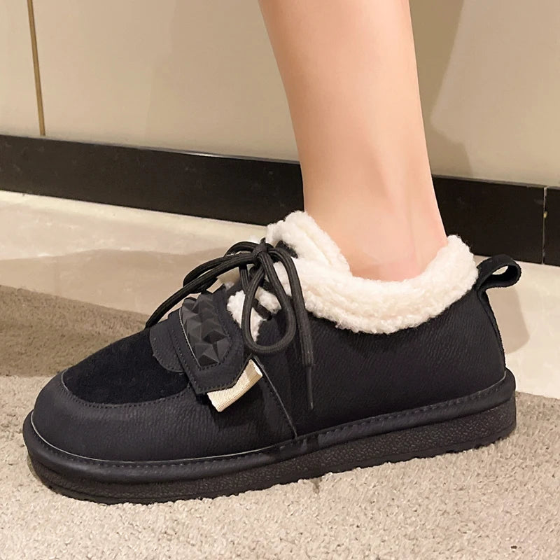 Women Winter Shoes Flats Platform Casual Soft Lace Up Shoes Comfortable Fur Short Plush Warm Fashion Outdoor Solid Boots 36-40