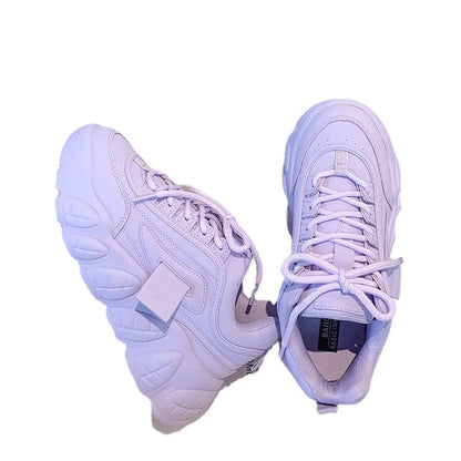 Chunky Sneakers Women Shoes Purple Platform Shoes Thick Bottom Leather Lace Up White Shoes Spring Casual Shoes 2023