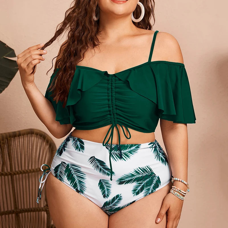 PZHK Plus Size Women Swimwear Ruffled Two Pieces Print Swimwear for Chubby Women Drawstring 4xl Plus Size Swimwear for Fat Women