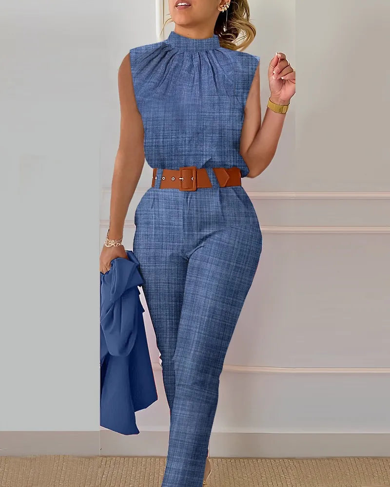 Office Elegant Sleeveless Print Shirt And Pant Set Casual Fashion O-neck Slim Pants Two Piece Set Summer Outfits For Women wowo