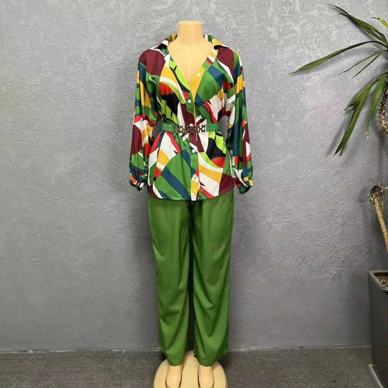 Elegant Women Casual Two Piece Matching Sets African Dashiki Tops And Solid Color Pants Suits Ladies Printed Pantsuits With Belt wowo