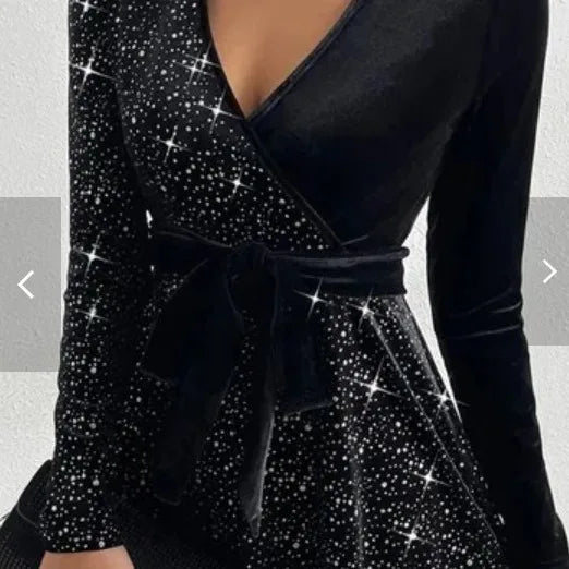 Sexy Dress for Women 2023 Autumn/Winter Solid Mid Waist V-Neck Belt Decoration Sequin Hot Diamond Velvet Long Sleeve Dresses