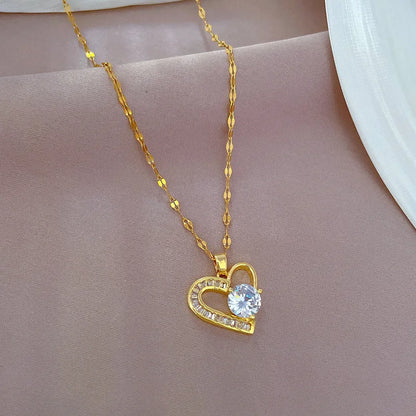 Stainless Steel Asymmetrical Heart Zircon Pendant Necklace For Women New Luxury Girls Clavicle Chain Jewelry Gifts jari