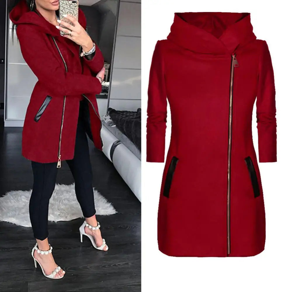 Autumn Winter Plus Size Fashion Women Coat Solid Color Zip up Long Sleeve Hooded Jacket Coat Outerwear Long Section Women's Coat