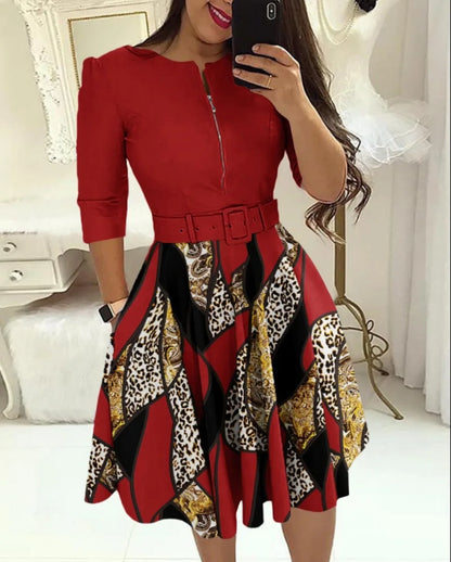 Women Office Lady Mini Dress Long Sleeve O Neck Zipper With Belt Pocket Long Sleeve Workwear Print Patchwork OL Autumn Dresses