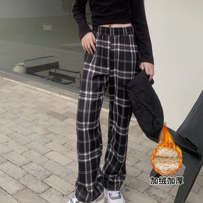 Velvet Warm Plush Pants 2024 New Thick Plaid Women Winter Casual Loose Wide Leg Trousers Korean Streetwear Straight Student Pant