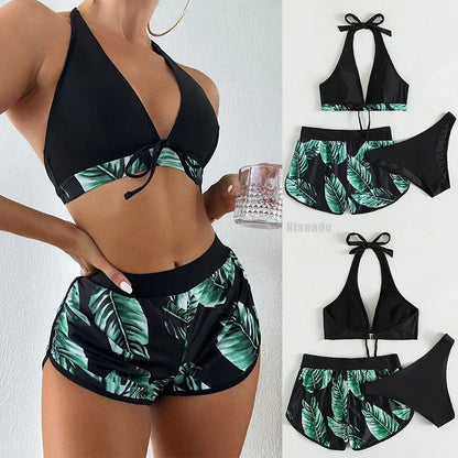 Women Sexy Beach Bikinis Three Pieces Bikini Set High Waist Swimsuit Swimwear Leaf Print Bathing Suit Women Beachwear Bath Suit