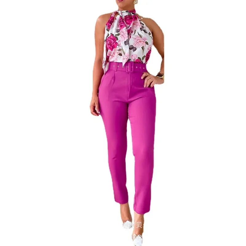 Floral Print Tank Top & High Waist Pants Set With Belt Women Flower Two Piece Set Halter Bow Crop Top Harem Trousers Summer wowo