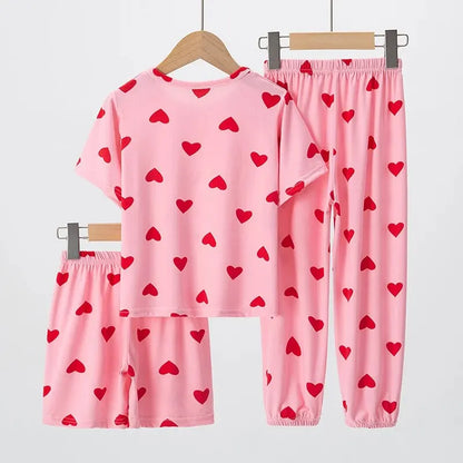 3PCS Girl Summer Love Short-sleeved Pants Shorts Three-piece Girl Ōwarawa Comfortable Thin Air-conditioned Pajama Suit