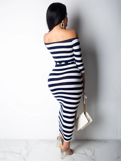 New 2024 Casual Women Dress Summer Striped Bodycon Midi Dresses Slash Neck Lace Up Three Quarter Pencil Dresses J17