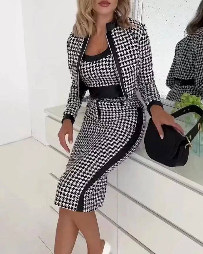 Sexy Slim Print Suit Elegant Office Lady Round Neck Vest Zippered Long Sleeve Jacket Package HipSkirt Three Piece Set 2024 New