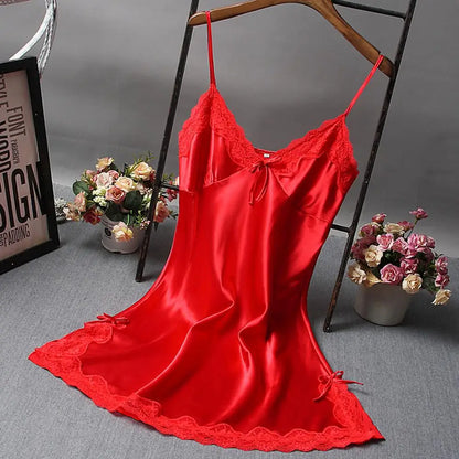 Women Nightdress Solid Color Satin V Neck Spaghetti Strap Backless Sleeveless Lace Patchwork Women Night Robe Women Garment freo