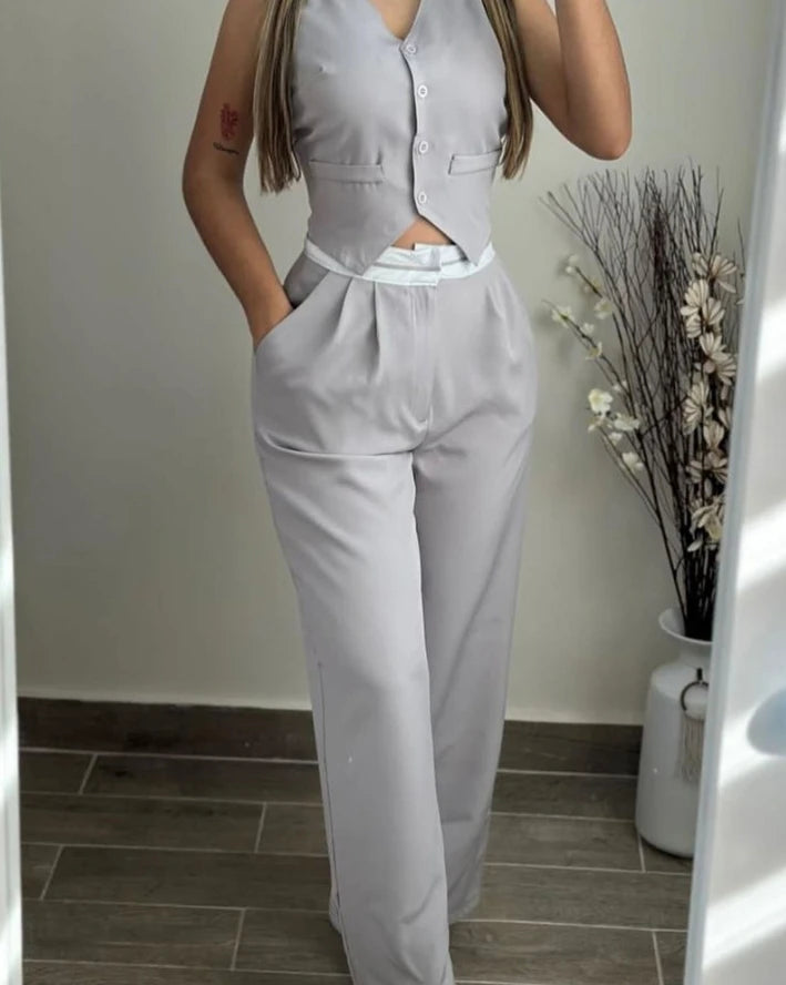 New Fashion 2024 Summer Casual Sexy Elegant V-Neck Buttoned Vest Top & Pocket Design Pants Set Womens Two Piece Sets Outfit