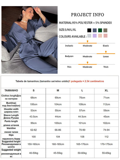 Pajama Sets Robes With Sashes Sexy Sleepwear Women Solid Satin Home Suit Wedding Night Silk Loungewear Loose Nightwear Pant Sets freo