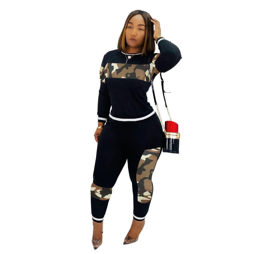 2024 Leopard Camouflage Two Pieces Set Women's Sports Suit Long Sleeve Sweatshirt And Sweatpants Casual Tracksuit  deriluja