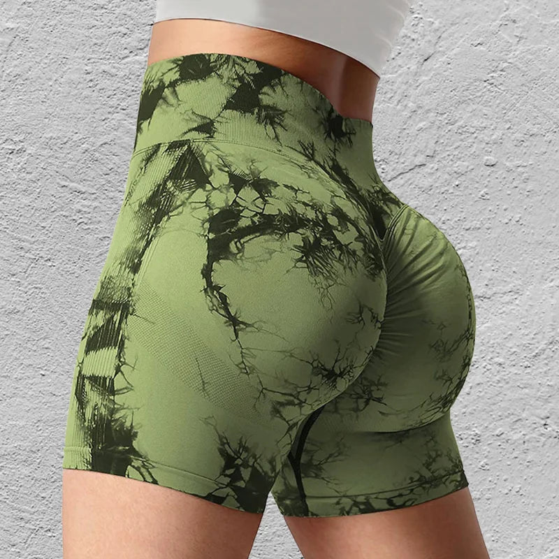 Women Seamless Tie Dye Sport Shorts Summer Elastic Scrunch High Waist Push Up Tummy Control Gym Fitness Workout Yoga Shorts kd