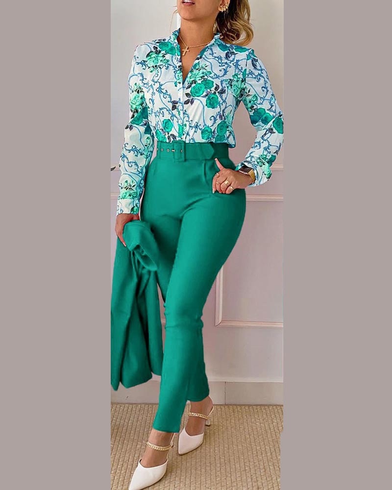 Women Shirt Pants Set Elegant Fashion V Neck Floral Print Long Sleeve High Waist Two Piece Set Office Lady Casual Trousers Suits