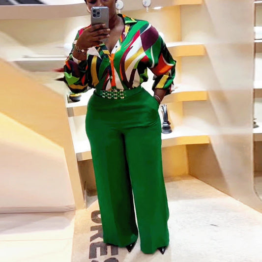 Elegant Women Casual Two Piece Matching Sets African Dashiki Tops And Solid Color Pants Suits Ladies Printed Pantsuits With Belt wowo