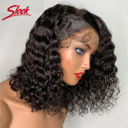 HD Lace Deep Curly Hair Bob Wigs Natural Black Color Lace Front Part Bob Wigs 250% Density Sleek Brazilian Remy Human Hair Wigs