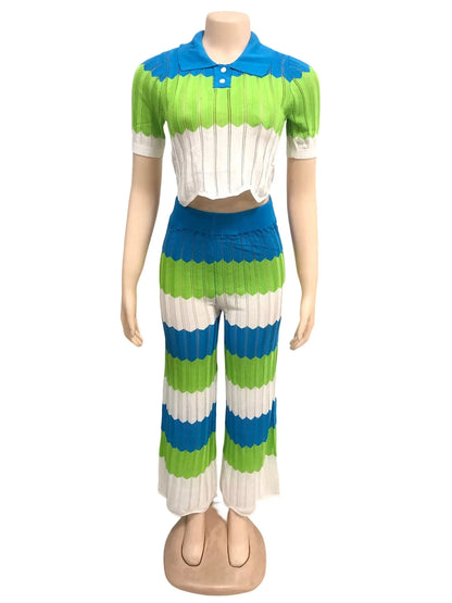 New Fashion Polo Woolen Short sleeved Top Wave Contrast Color High Waist Long Pants Set deriluja