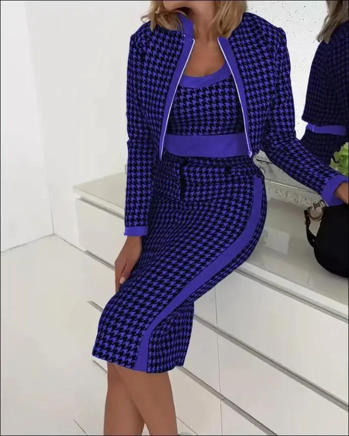 Sexy Slim Print Suit Elegant Office Lady Round Neck Vest Zippered Long Sleeve Jacket Package HipSkirt Three Piece Set 2024 New