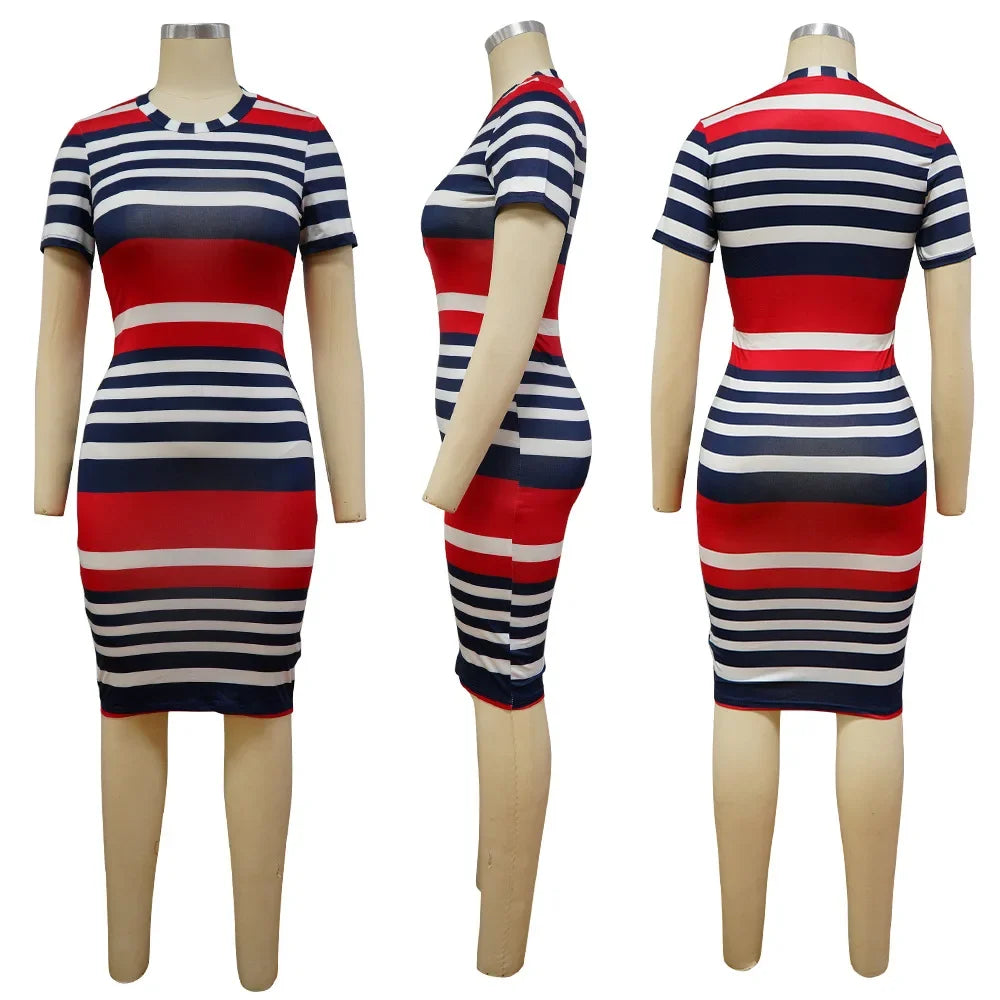 Summer New Women O-Neck Short Sleeve Leaf Striped Print Bodycon Knee Length Dress Sexy Partynight Club Dress