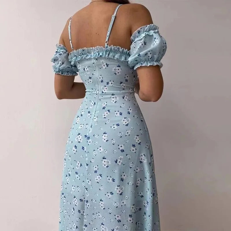 Women Elegant Off Shoulder V Neck Long Dress Sexy Sling Ruffle Strapless Slit Party Dress Spring Floral Print Slim Dress asu