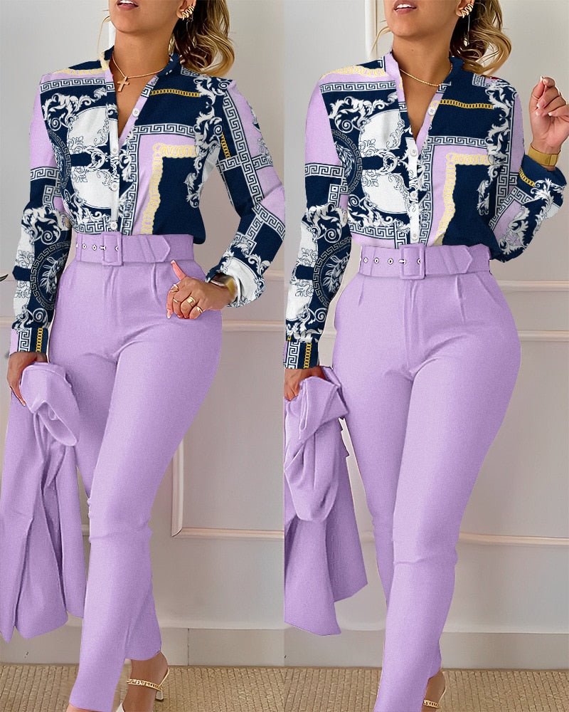 Women Shirt Pants Set Elegant Fashion V Neck Floral Print Long Sleeve High Waist Two Piece Set Office Lady Casual Trousers Suits