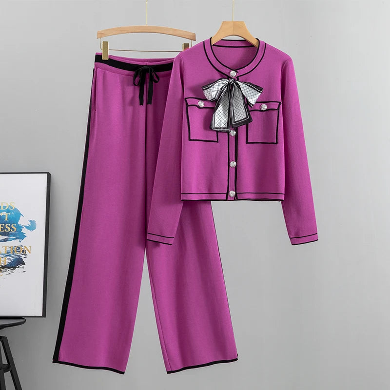 2025 Spring Women Elegant Pleated Two Piece Set Long Sleeve Bowknot Tops High Waist Wide Leg Pants Suit Female Casual Outfits