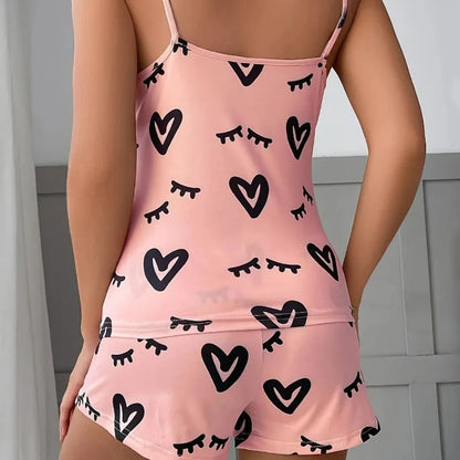 Pajama Set Women Sexy Lingerie 2 Pieces Sleepwear Fashion Heart Printed Pyjamas Silk Satin Cami Top and Shorts Sets Pajamas