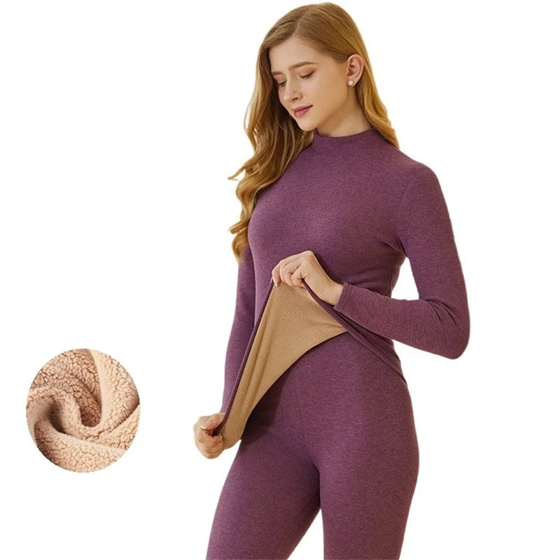 Winter New Women's Thermal Underwear Thick Intimate Set Berber Fleece 2 Pieces Underpanties and Undershirts J17