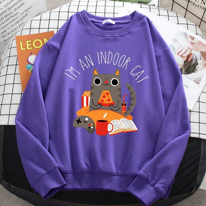 Comfortable All-Math Pullover Crewneck Loose Female Tops Street Women Sweatshirts Cat Sitting And Eating Pizza Printing Hoodies