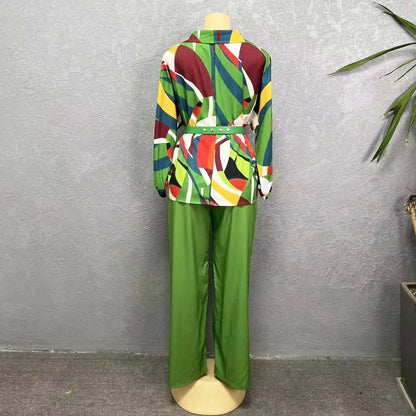 Elegant Women Casual Two Piece Matching Sets African Dashiki Tops And Solid Color Pants Suits Ladies Printed Pantsuits With Belt wowo