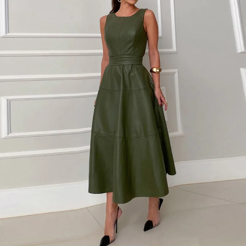 Solid Patchwork Leather Simple Party Dress, Women Spring Summer Lace-Up O Neck Maxi Dress, 2025 Sleeveless Elegant Ladies Dress  asu