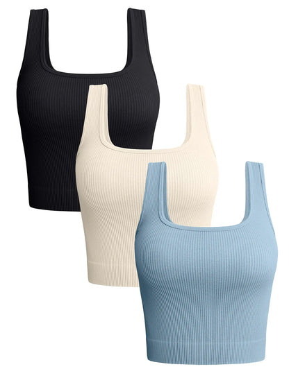 Women's 3 Piece Tank Tops Ribbed Seamless Workout Exercise Shirts Yoga Crop Tops asu