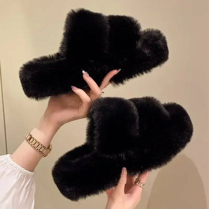 Winter Fluffy Slippers Women 2024 New House Home Fur Slippers For Women Flat Platform Cozy Fuzzy Indoor Shoes Korean Slides djam