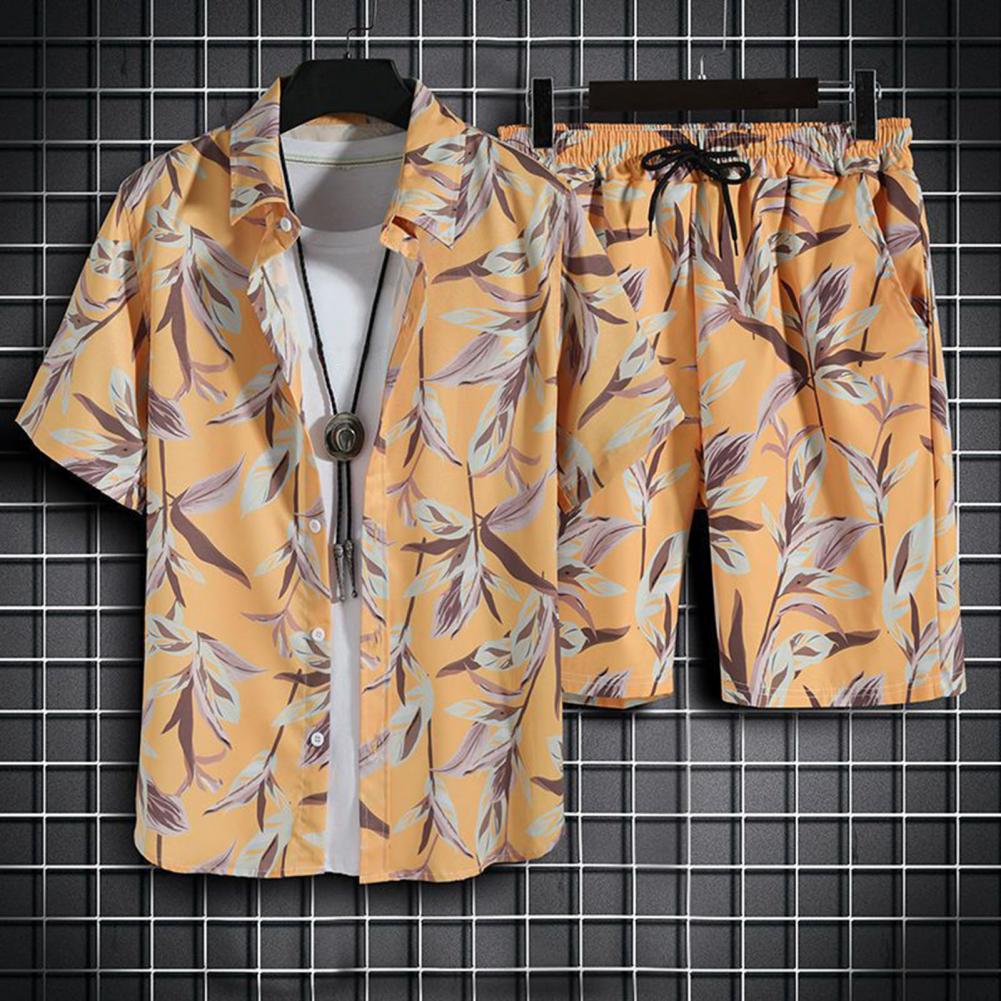 1 Set Beach Shirt Set Printing Lapel Quick Dry Buttons Closure Seaside Outfit Man Summer Hawaiian Two Piece Sets Beach Clothes