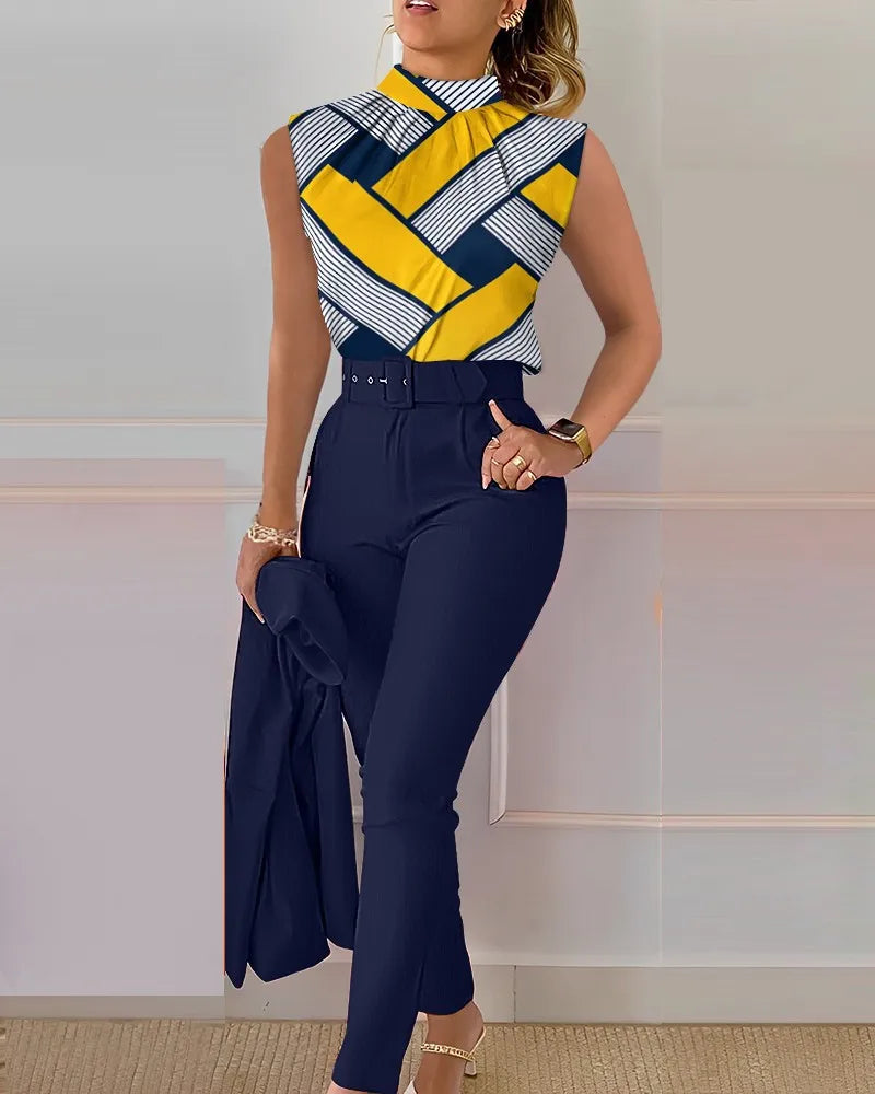 Office Elegant Sleeveless Print Shirt And Pant Set Casual Fashion O-neck Slim Pants Two Piece Set Summer Outfits For Women wowo